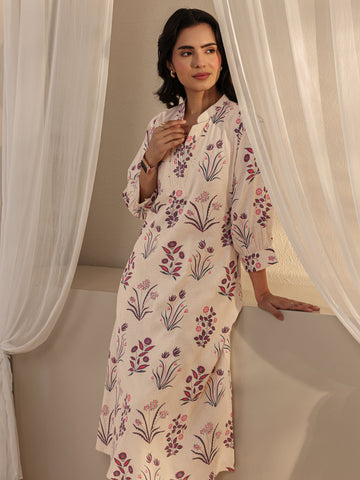Off White Floral Printed Cotton A-Line Kurta