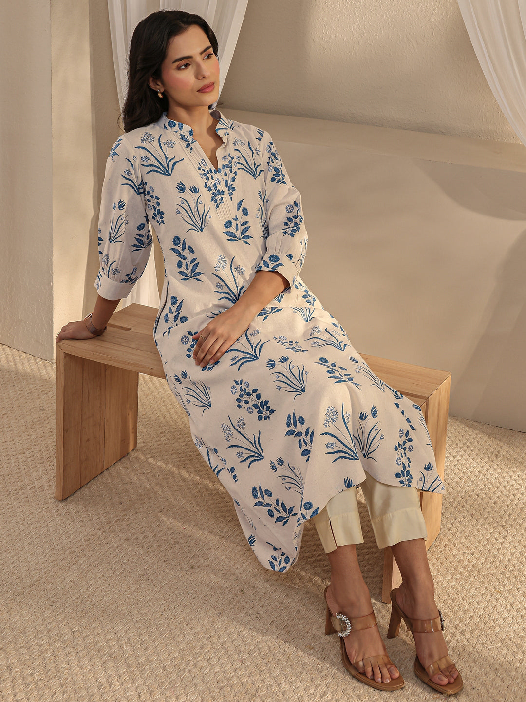 Off White Floral Printed Cotton A-Line Kurta