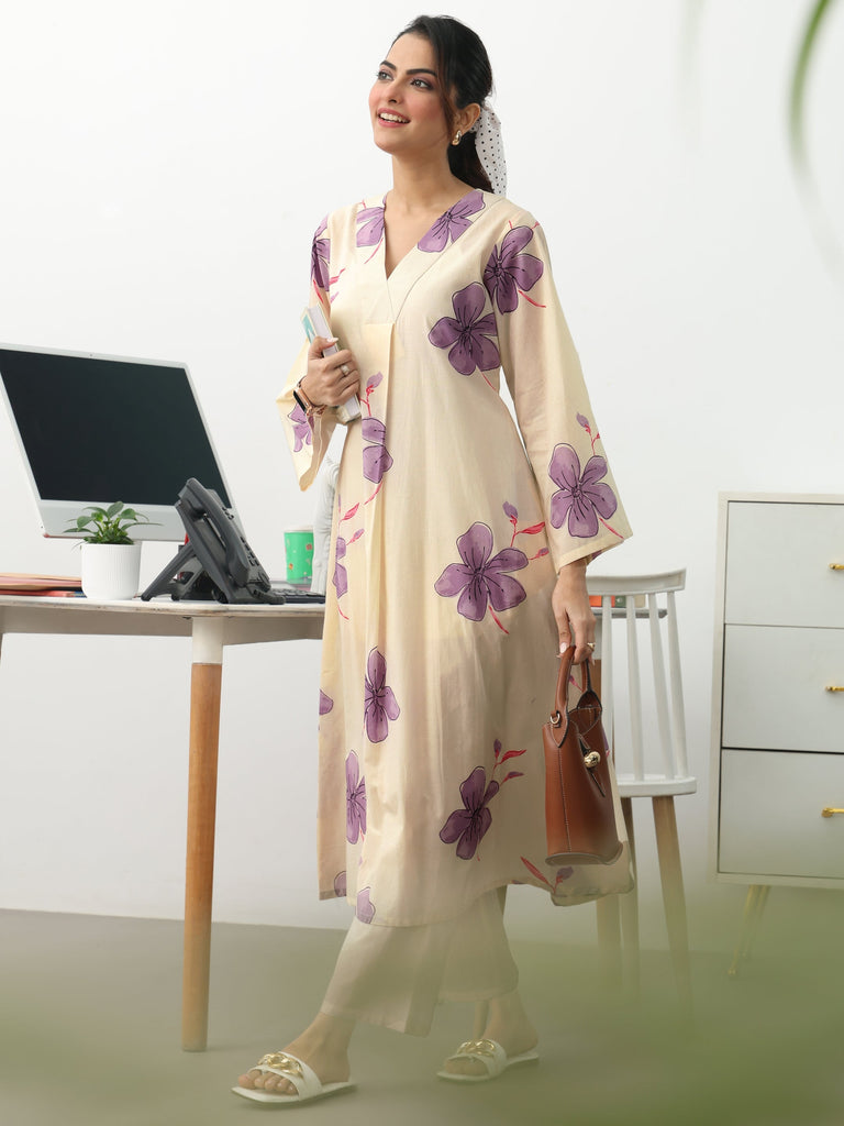 Gerua Off White Floral Printed Cotton Blend A-Line Kurta