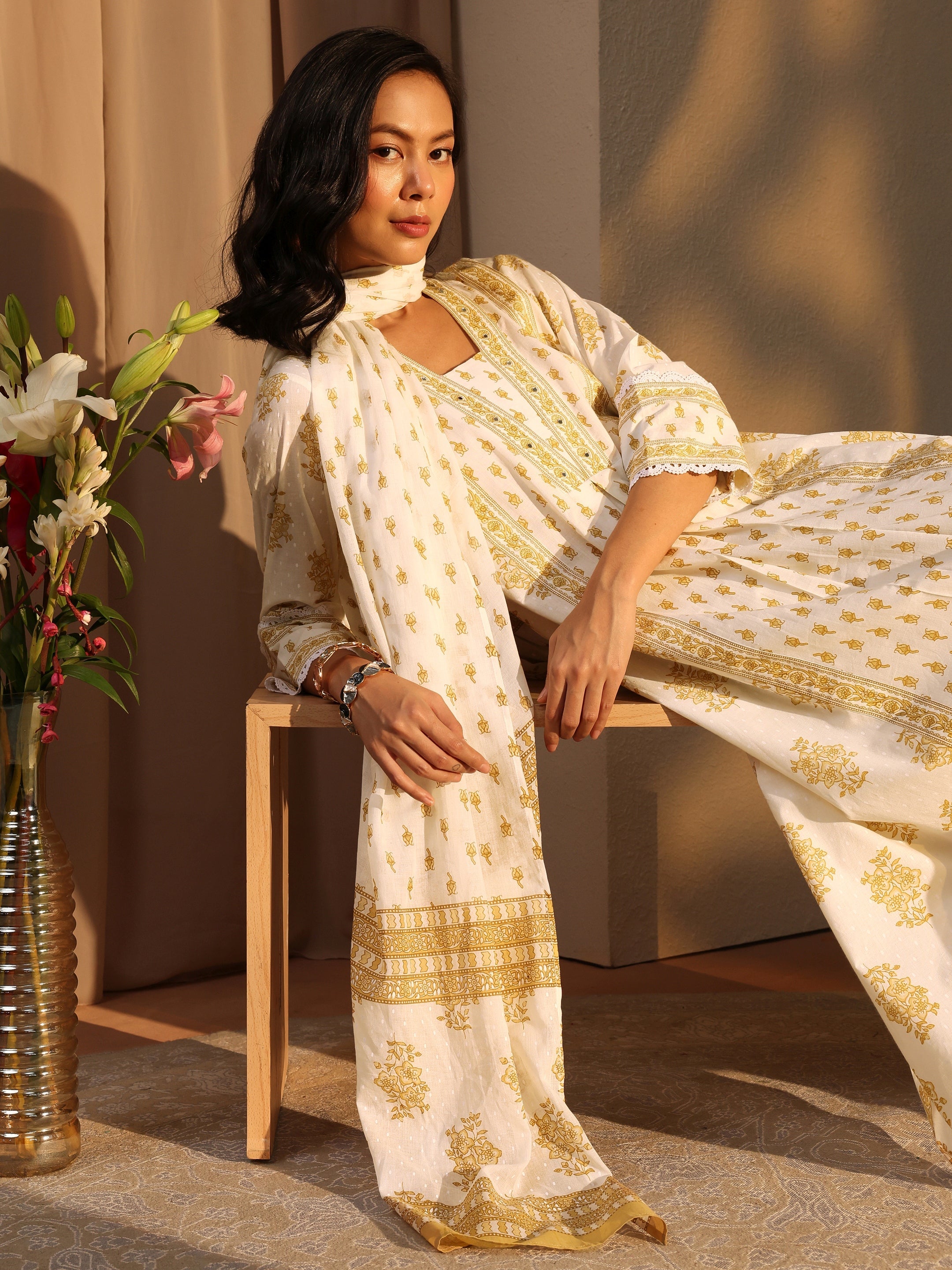 libas Off White Floral Printed Cotton A-Line Suit Set With Dupatta-picture-32