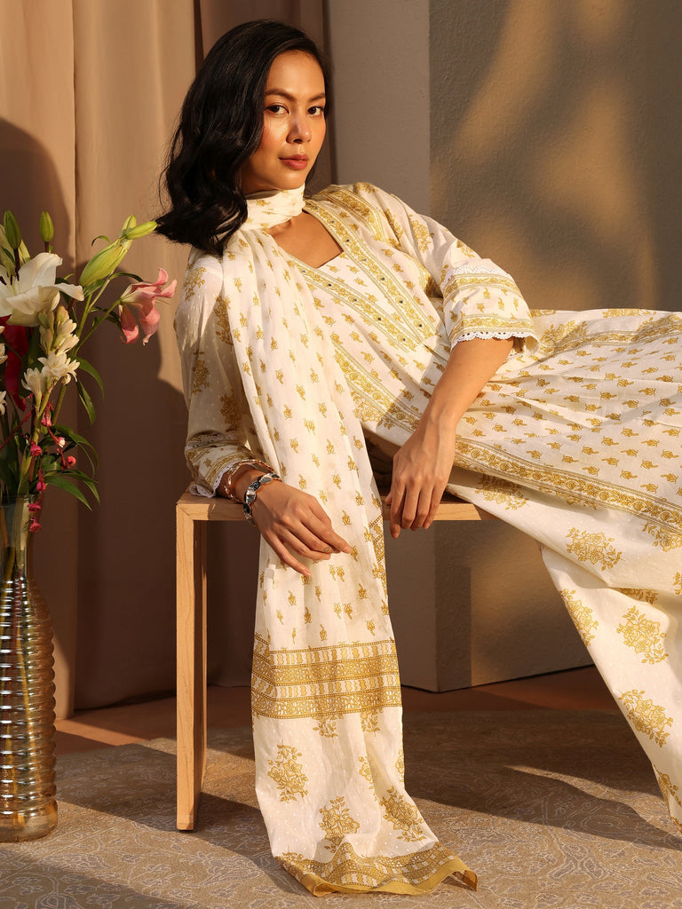 Libas Off White Floral Printed Cotton A-Line Suit Set With Dupatta