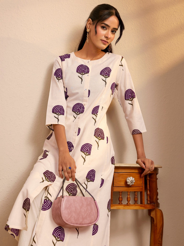 Libas Off White Floral Printed Cotton Blend A-Line Kurta
