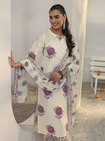 Libas Off White Floral Printed Cotton Blend Straight Suit Set With Dupatta