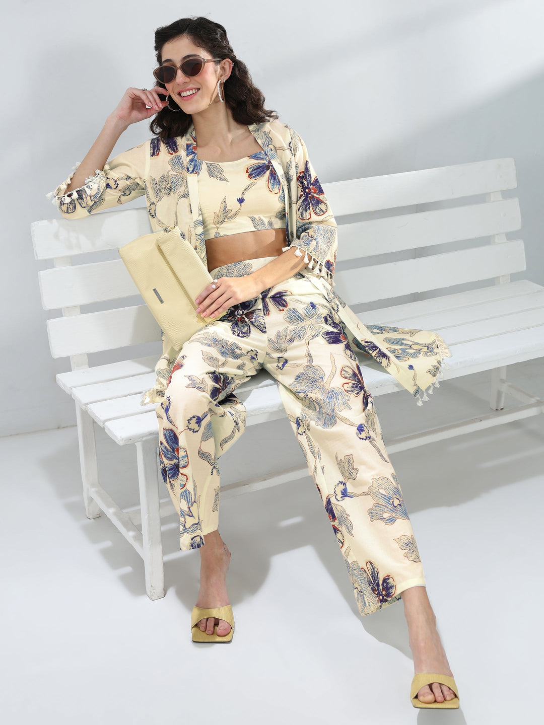  Off White Floral Printed Cotton Co-Ord Set 