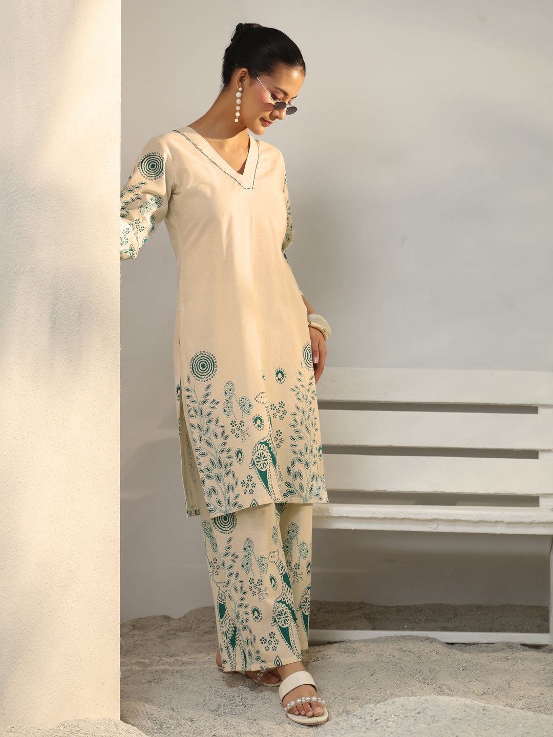  Off White Floral Printed Cotton Co-Ord Set 