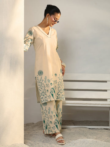 Off White Floral Printed Cotton Co-Ord Set