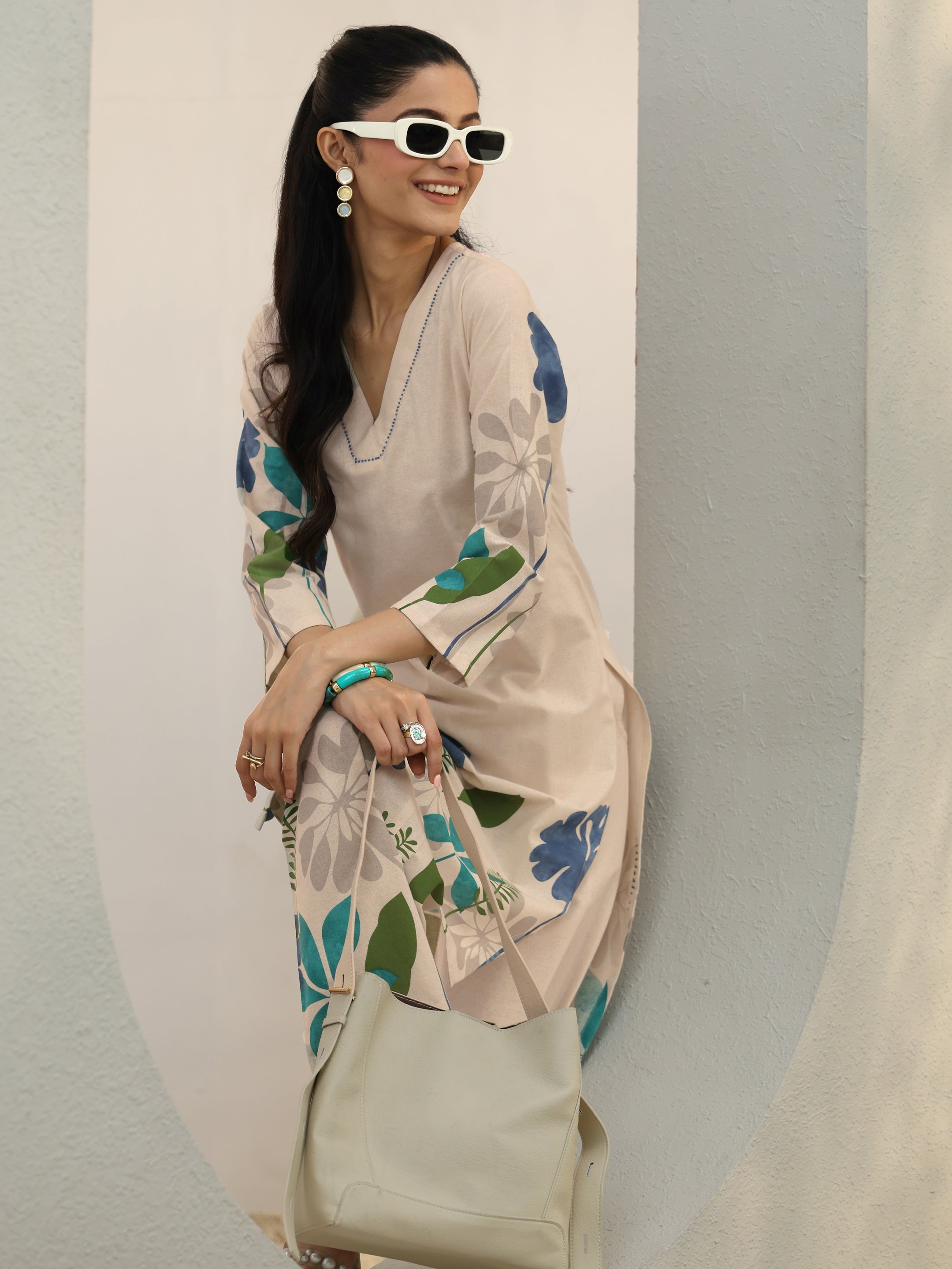 Off White Floral Printed Cotton Co-Ord Set-image-22