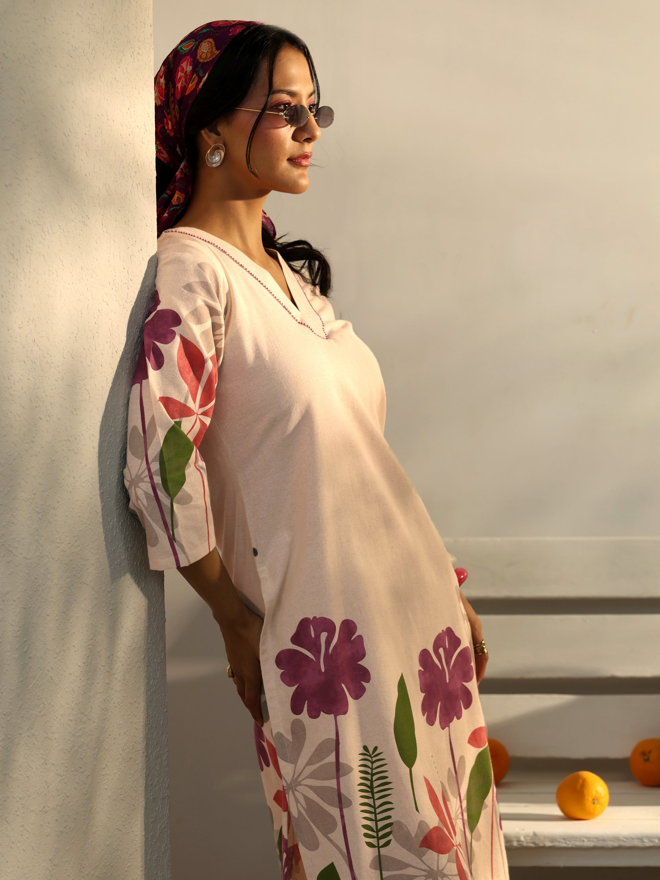 Off White Floral Printed Cotton Co-Ord Set-image-23