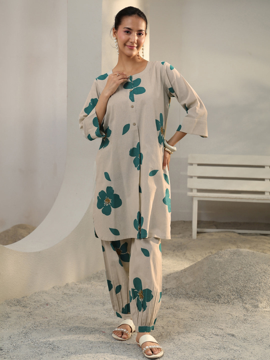  Off White Floral Printed Cotton Co-Ord Set 