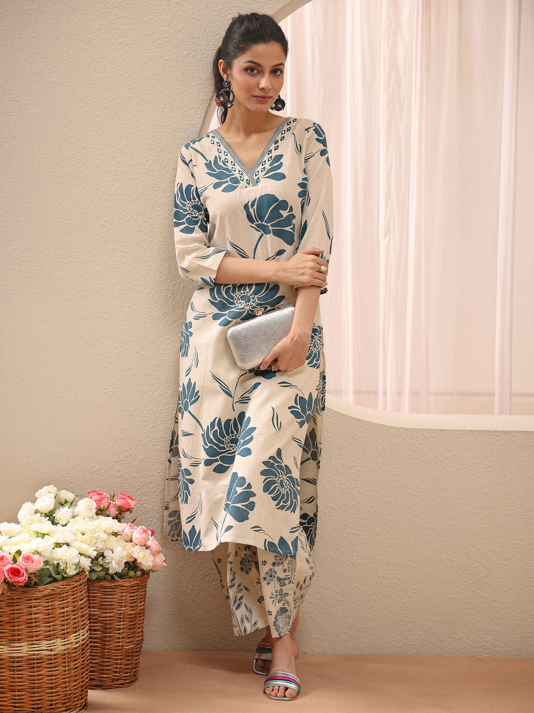  Off White Floral Printed Cotton Co-Ord Set 