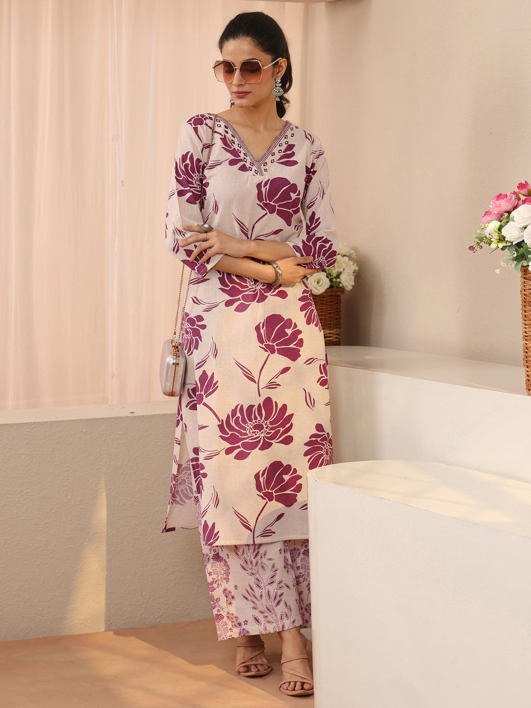  Off White Floral Printed Cotton Co-Ord Set 