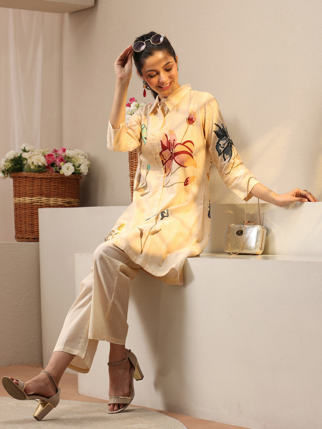 Off White Floral Printed Cotton Co-Ord Set 