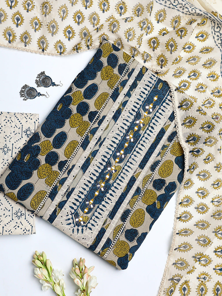Libas Off White Floral Printed Cotton Dress Material With Dupatta