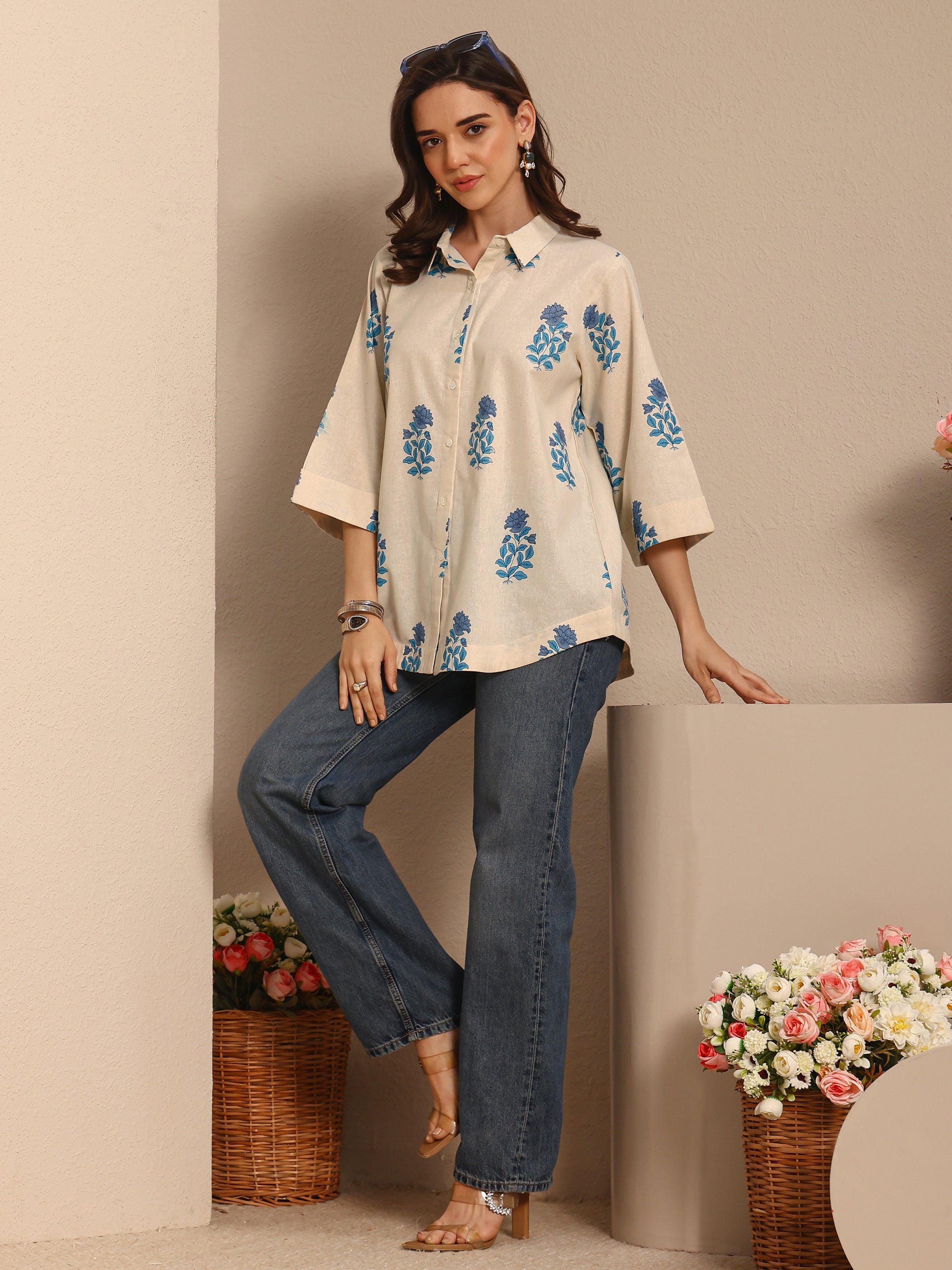 Off White Floral Printed Cotton Shirt-image-17