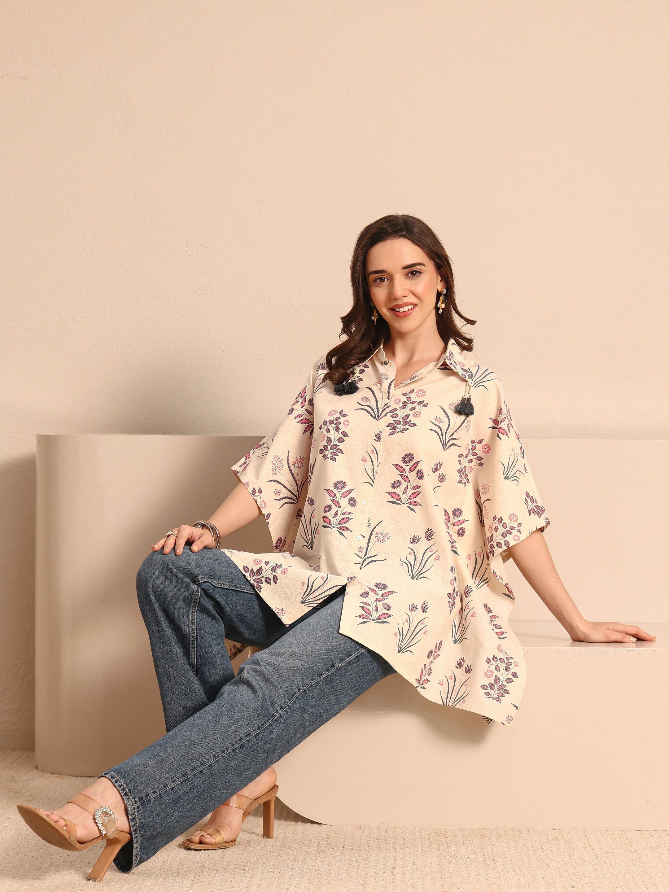 Off White Floral Printed Cotton Shirt-image-19