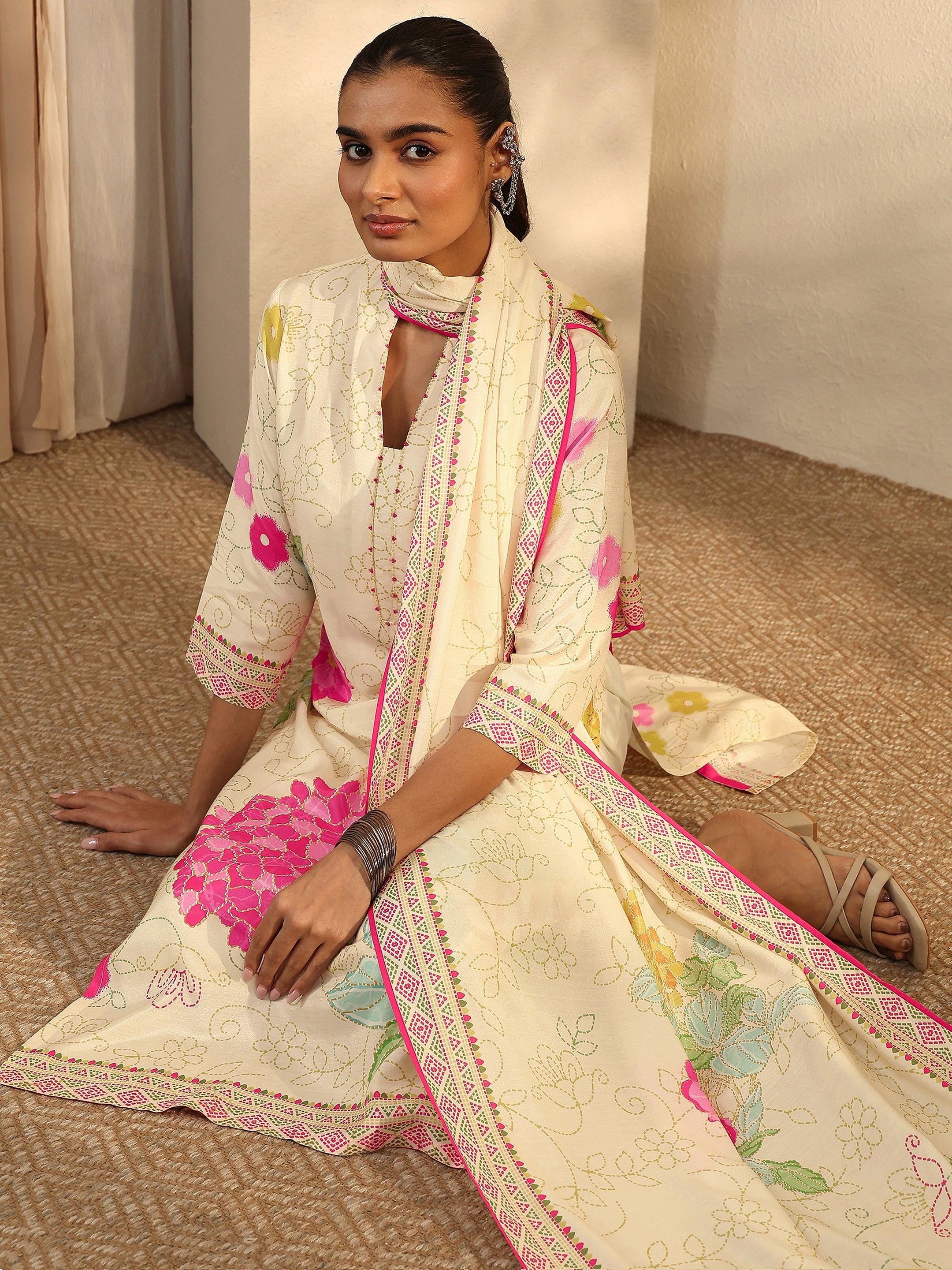 libas Off White Floral Printed Silk Blend Straight Suit Set With Dupatta-picture-44