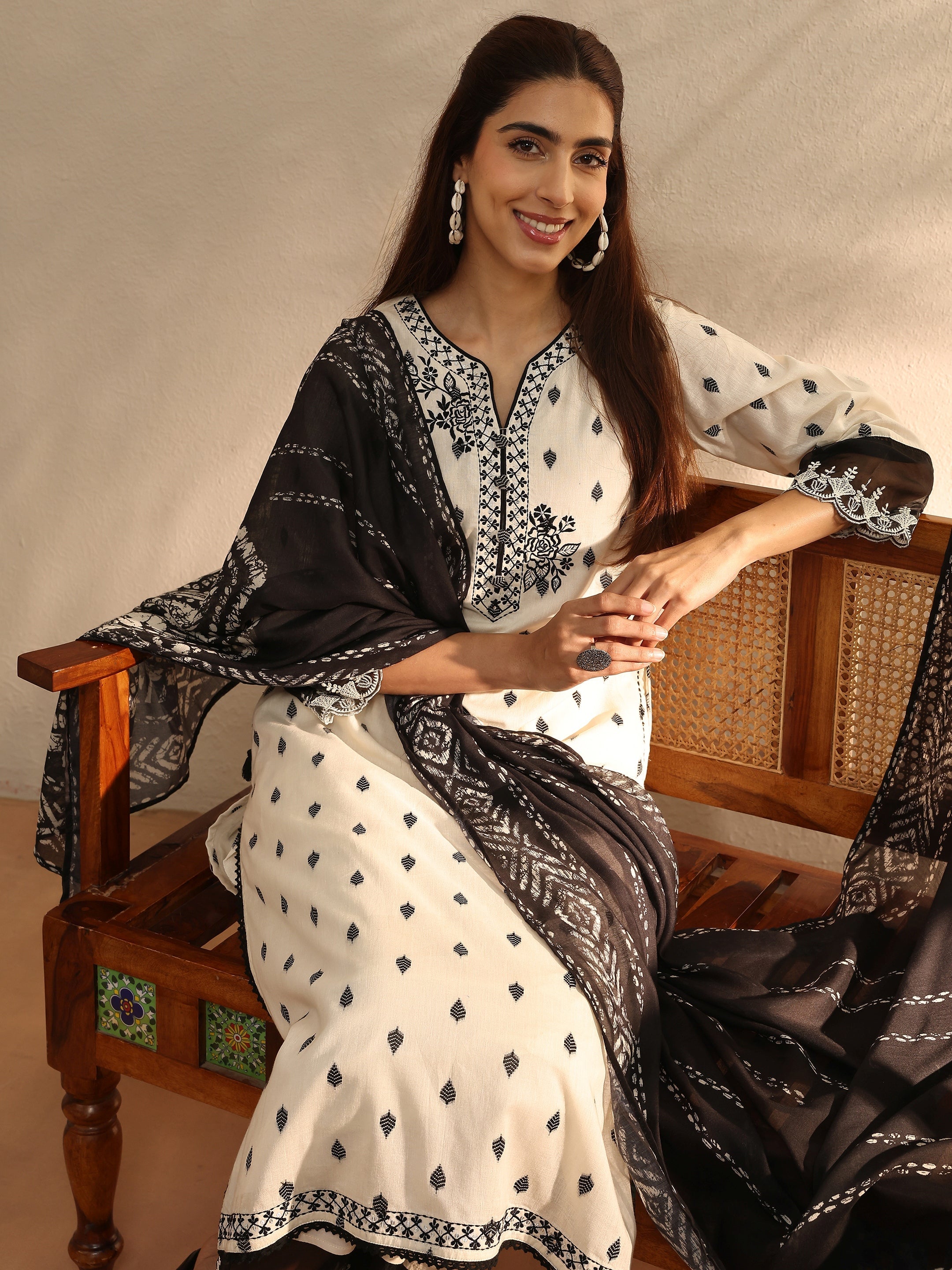 libas Off White Floral Woven Design Cotton Blend Straight Suit Set With Dupatta-picture-13