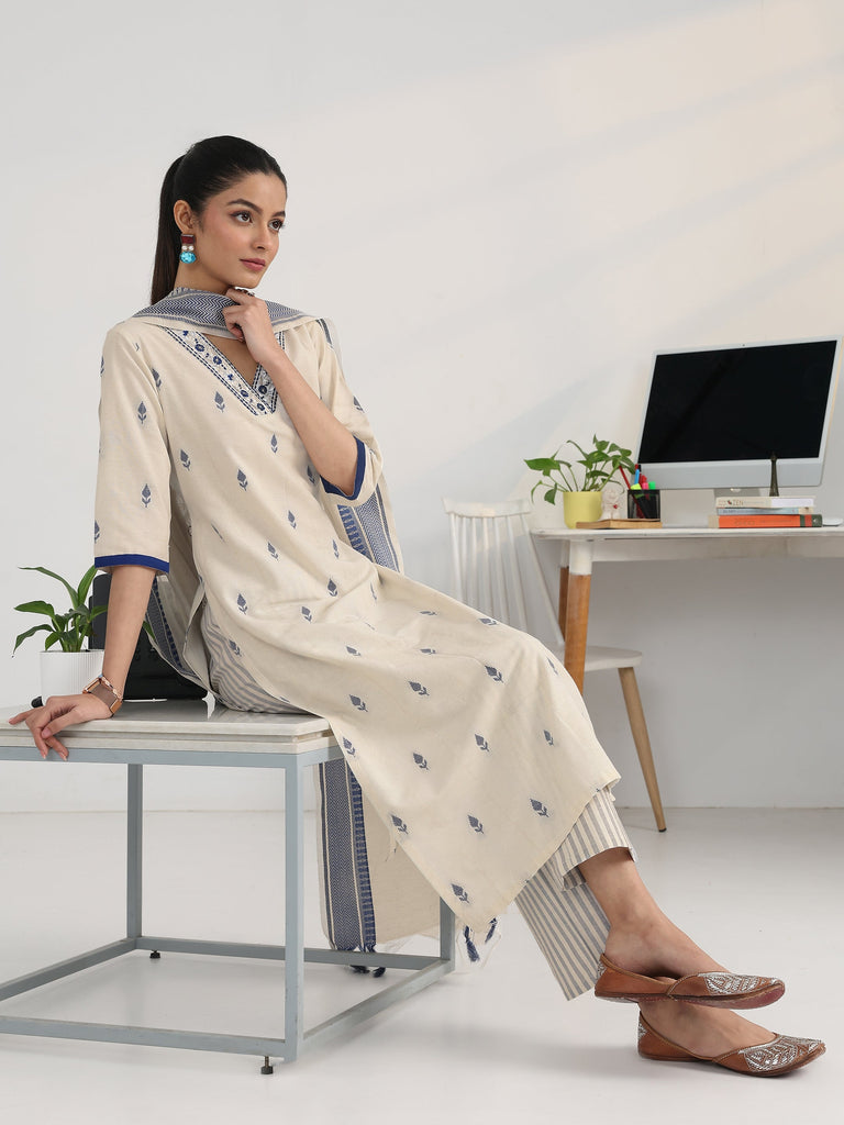 Gerua White Woven Design Cotton Blend Ambition Suit Set