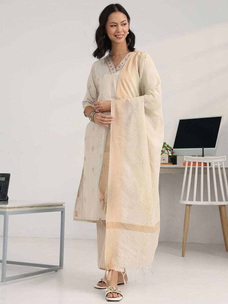 Gerua Off White Floral Woven Design Cotton Blend Straight Suit Set With Dupatta