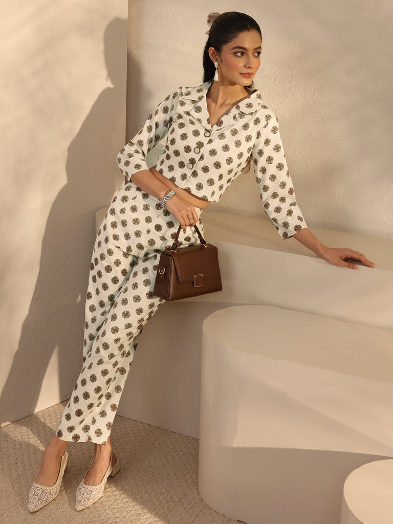 Libas Off White Geometric Printed Cotton Blend Co-Ord Set