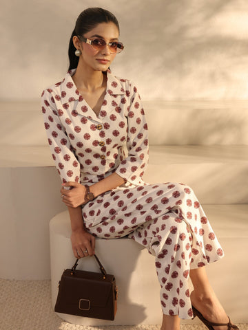 Off White Geometric Printed Cotton Blend Co-Ord Set