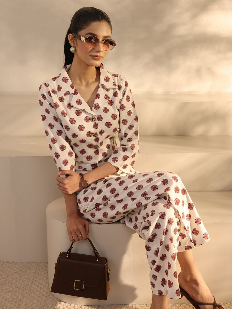 Libas Off White Geometric Printed Cotton Blend Co-Ord Set