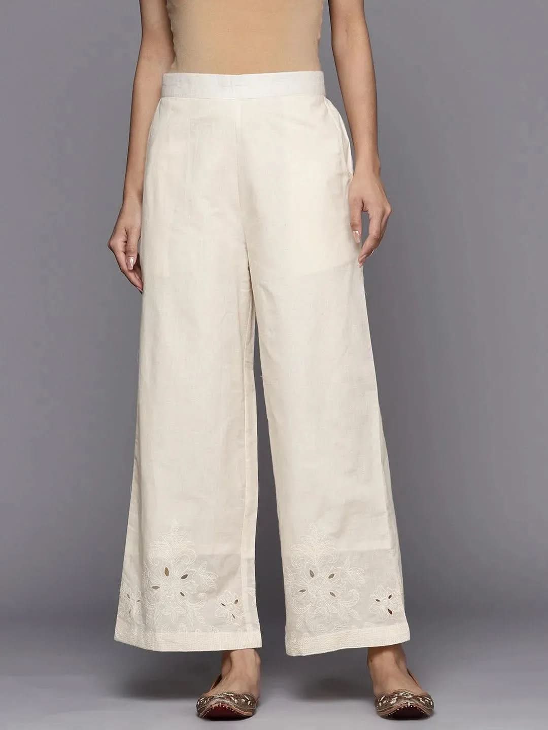 Off White Hem Design Cotton Palazzos - Libas 