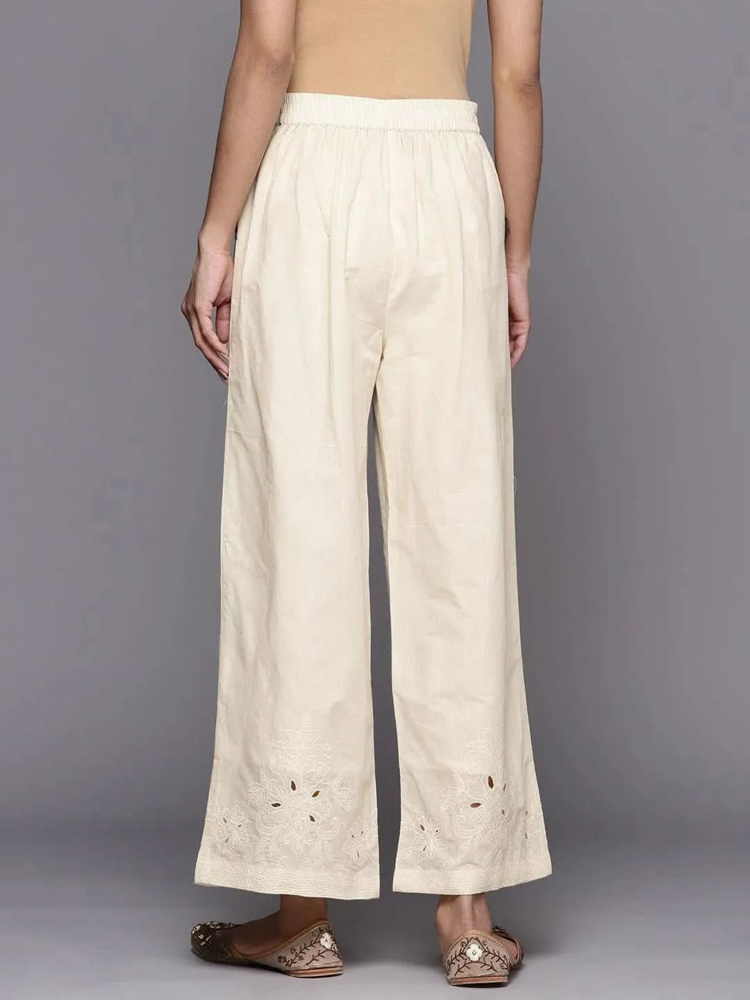 Off White Hem Design Cotton Palazzos - Libas 