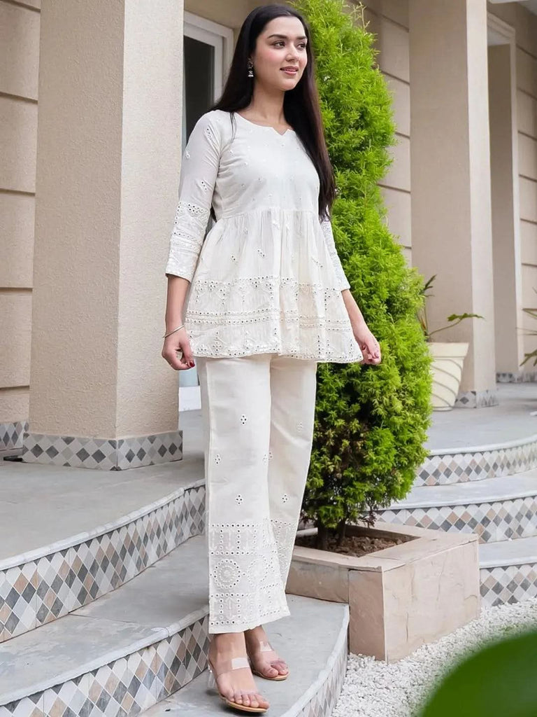 Libas Off-White Mirror Work Cotton A-Line Kurti With Palazzos