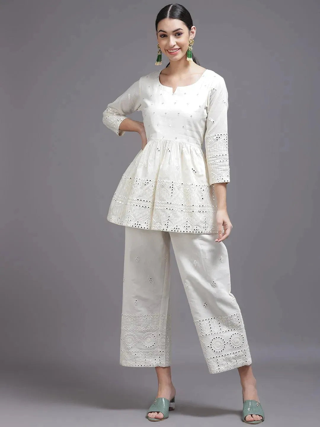 Off White Mirror-Work Cotton Kurta Set - Libas