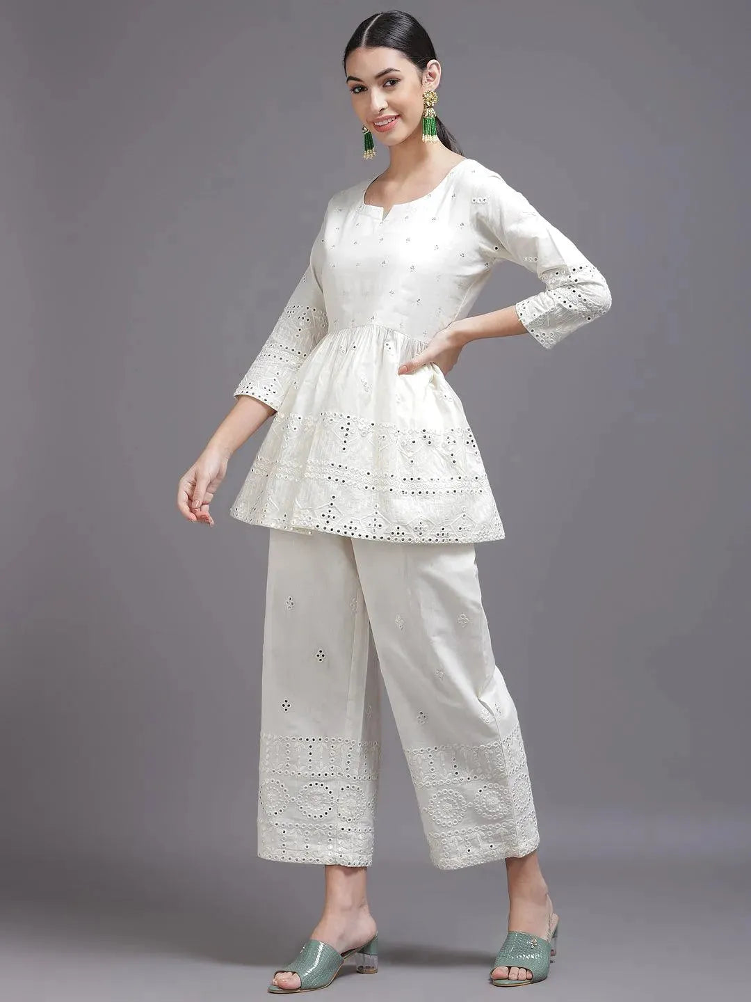 Off White Mirror-Work Cotton Kurta Set - Libas