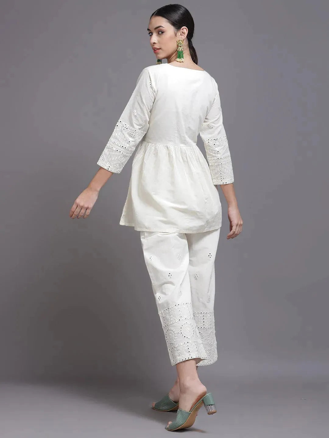 Off White Mirror-Work Cotton Kurta Set - Libas