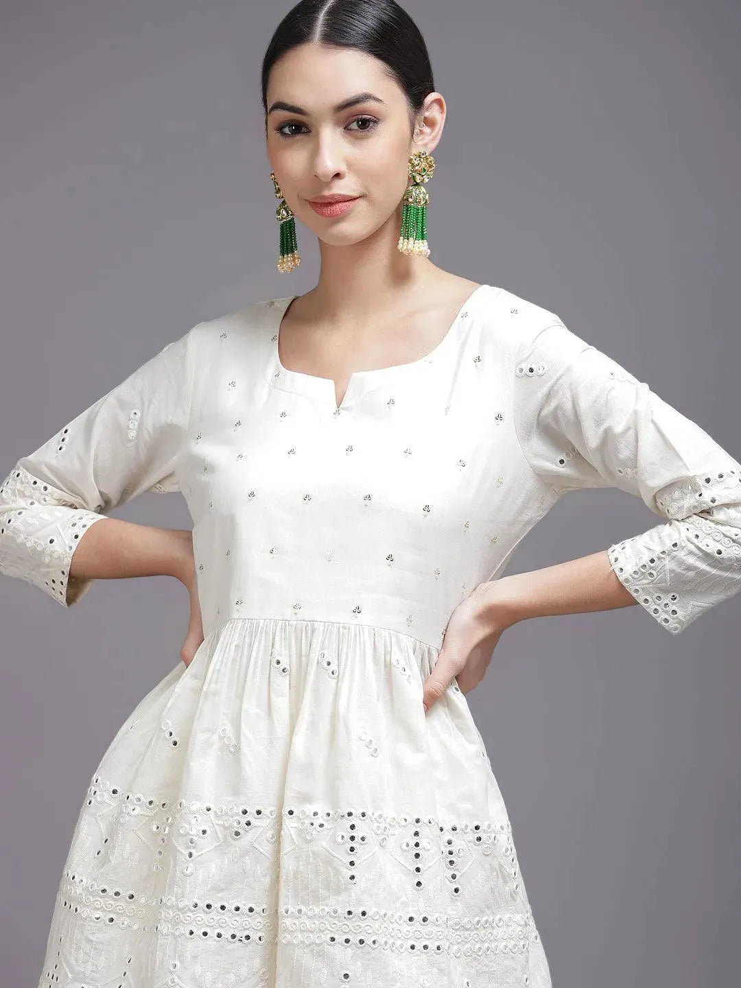 Off White Mirror-Work Cotton Kurta Set - Libas 
