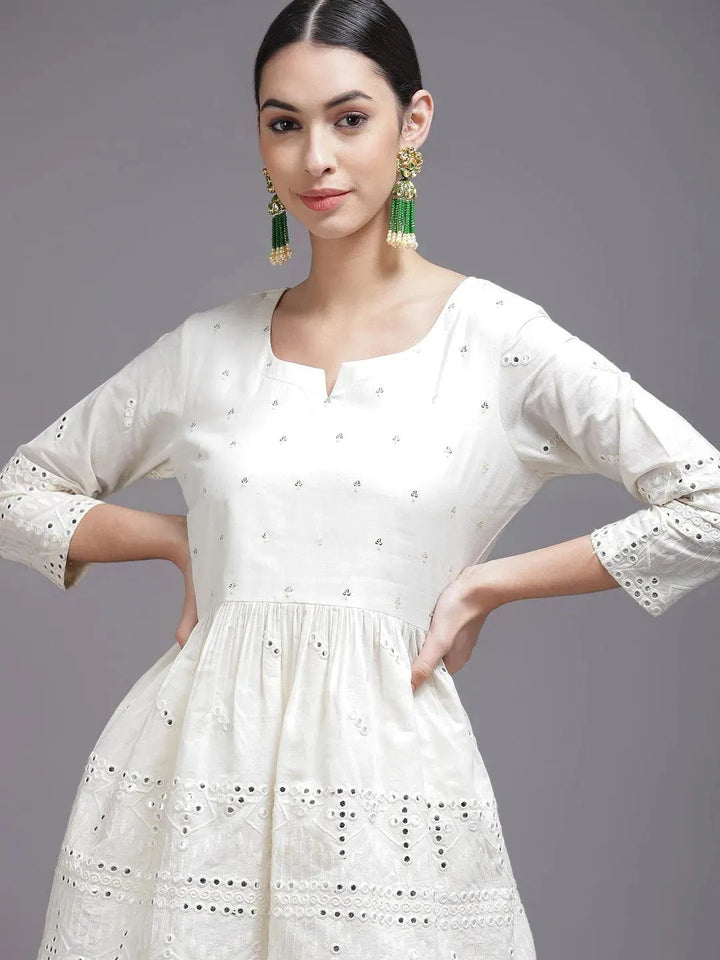 Off White Mirror-Work Cotton Kurta Set - Libas