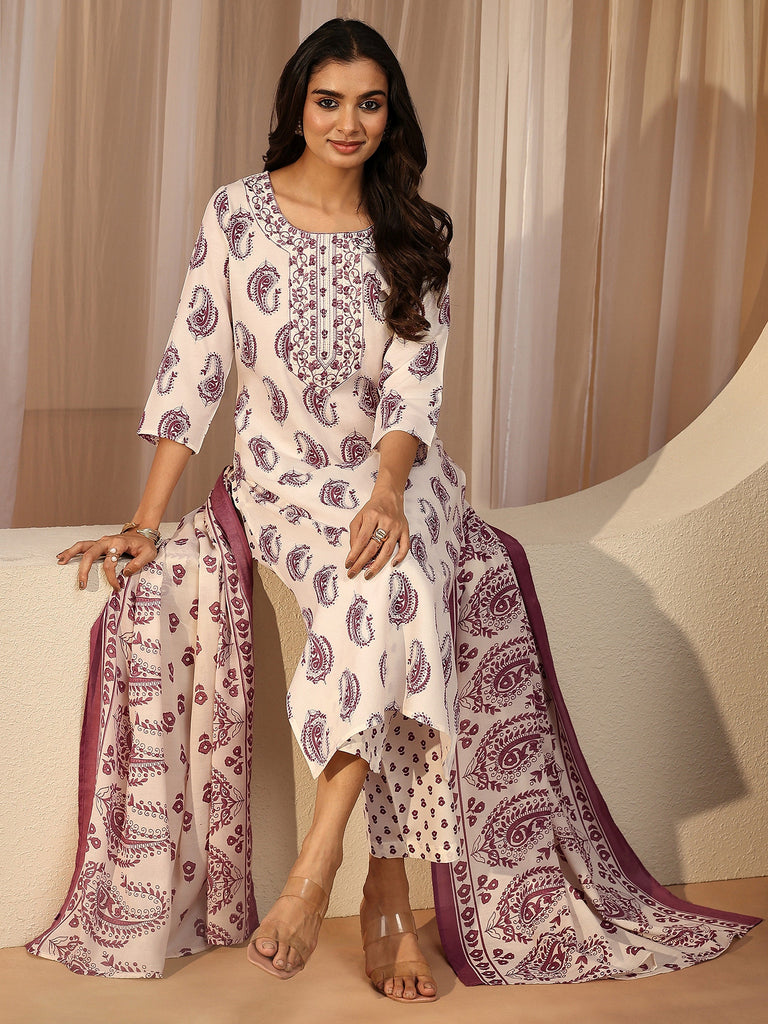 Gerua Off White Paisley Printed Cotton Blend Straight Suit Set