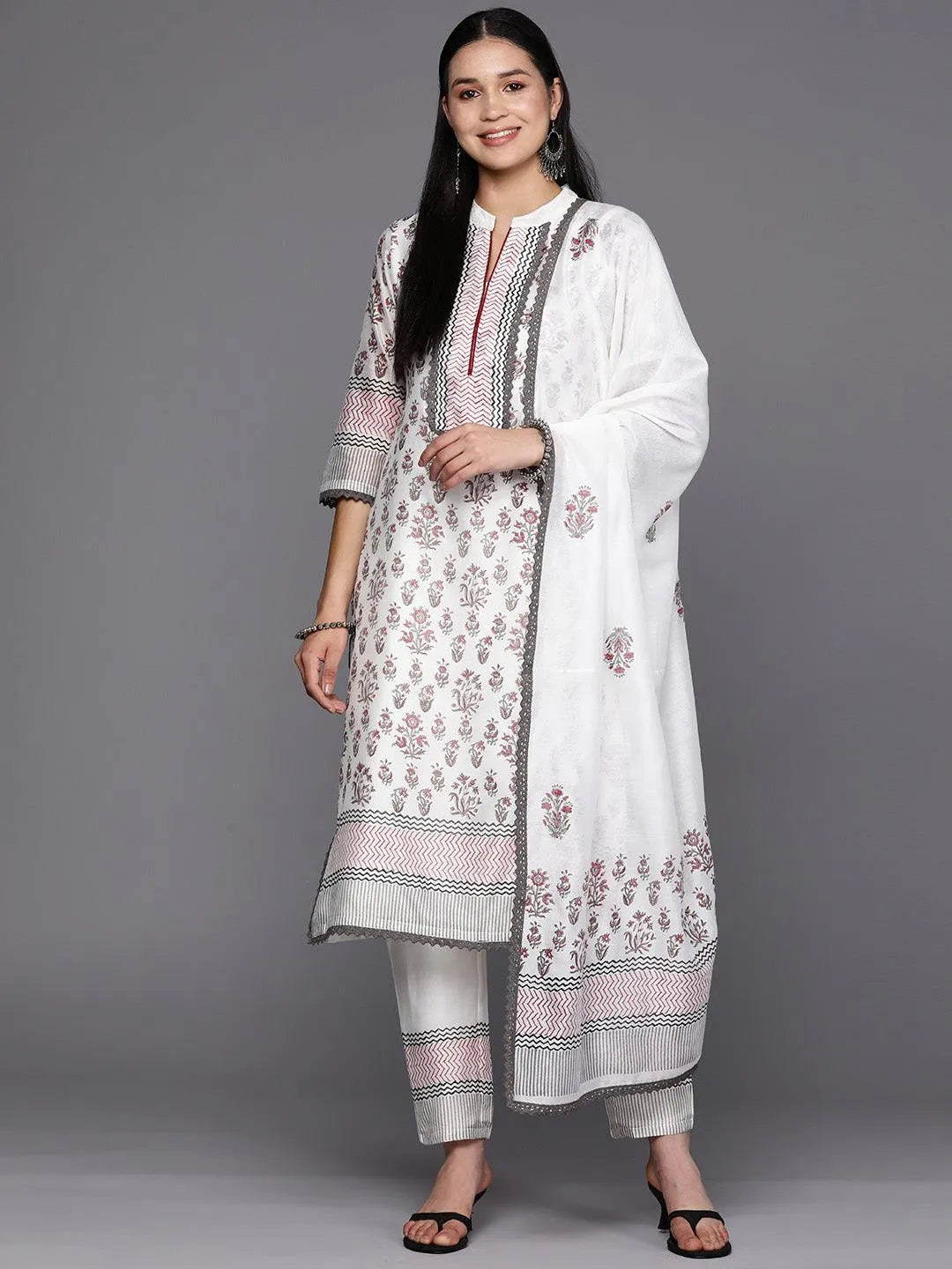 Off White Printed Chanderi Silk Straight Suit Set With Trousers - Libas