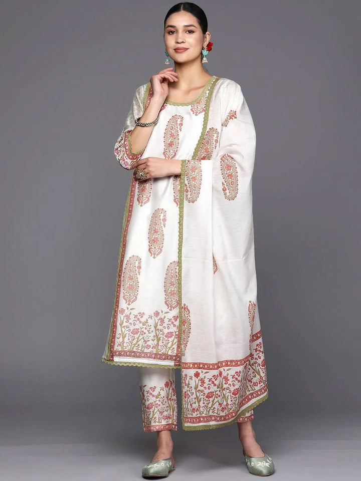 Off White Printed Chanderi Silk Straight Suit Set With Trousers - Libas