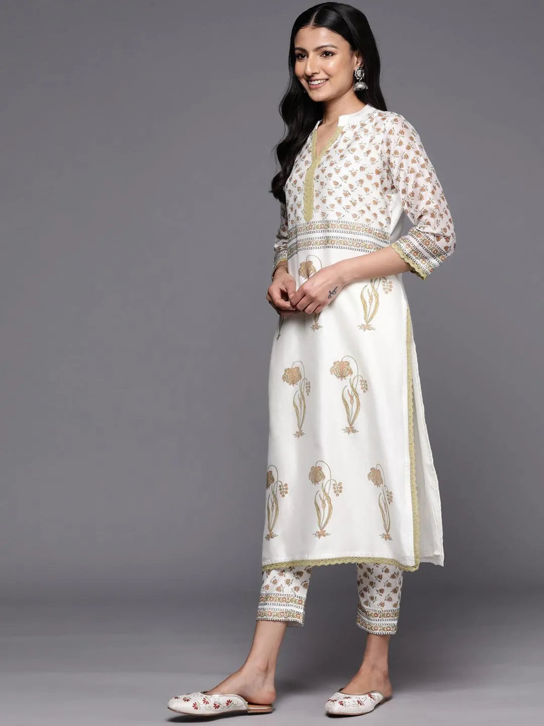 Off White Printed Chanderi Silk Straight Suit Set With Trousers - Libas