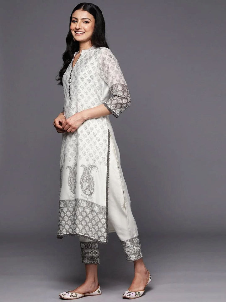 Off White Printed Chanderi Silk Straight Suit Set With Trousers - Libas