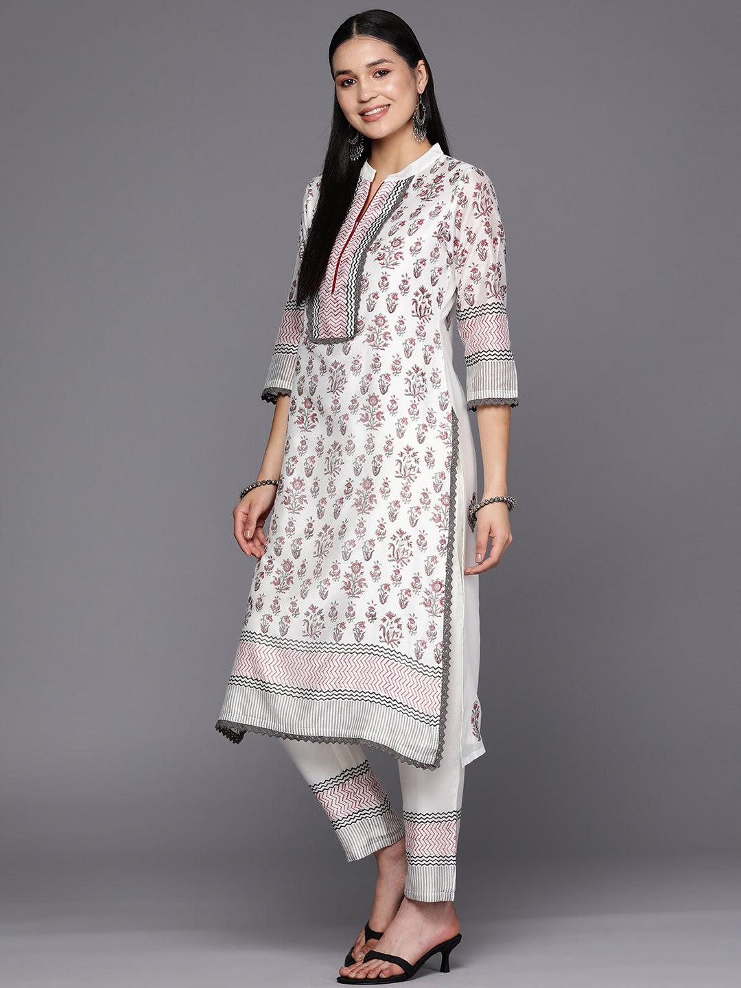 Off White Printed Chanderi Silk Straight Suit Set With Trousers - Libas