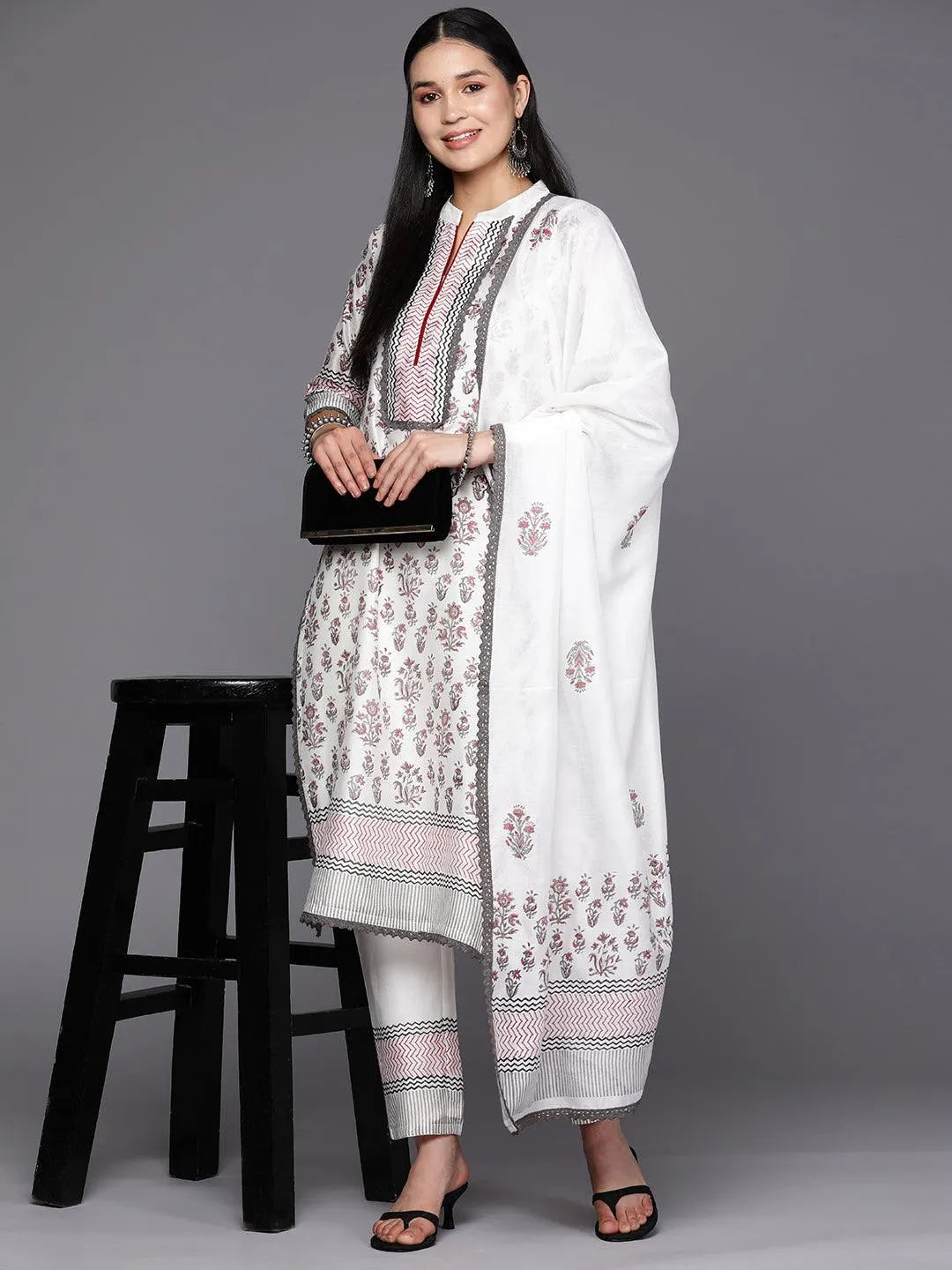 Off White Printed Chanderi Silk Straight Suit Set With Trousers - Libas