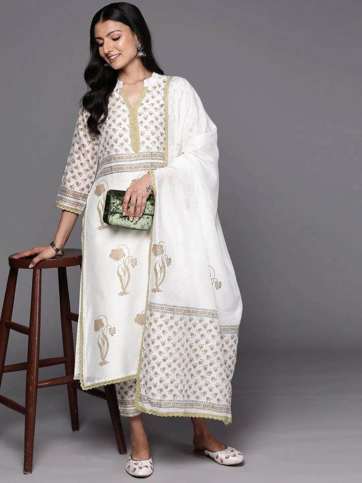 Off White Printed Chanderi Silk Straight Suit Set With Trousers - Libas