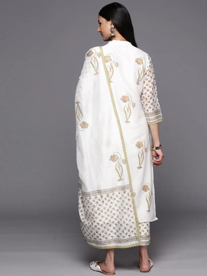 Off White Printed Chanderi Silk Straight Suit Set With Trousers - Libas