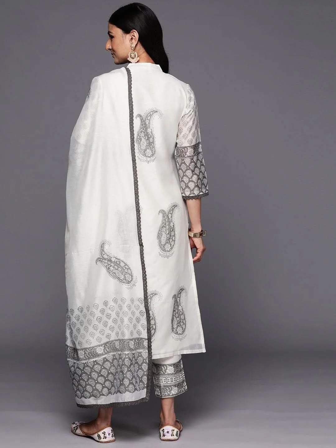 Off White Printed Chanderi Silk Straight Suit Set With Trousers - Libas 