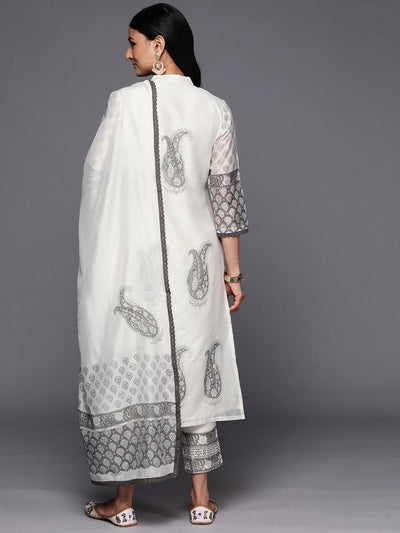 Off White Printed Chanderi Silk Straight Suit Set With Trousers - Libas