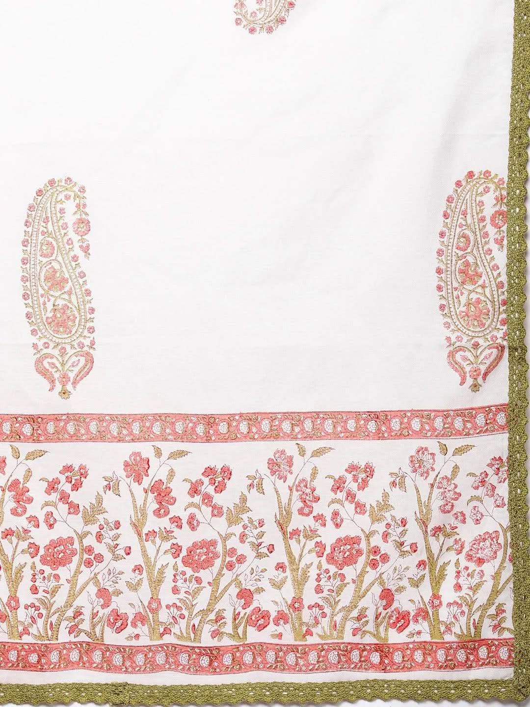Off White Printed Chanderi Silk Straight Suit Set With Trousers - Libas 