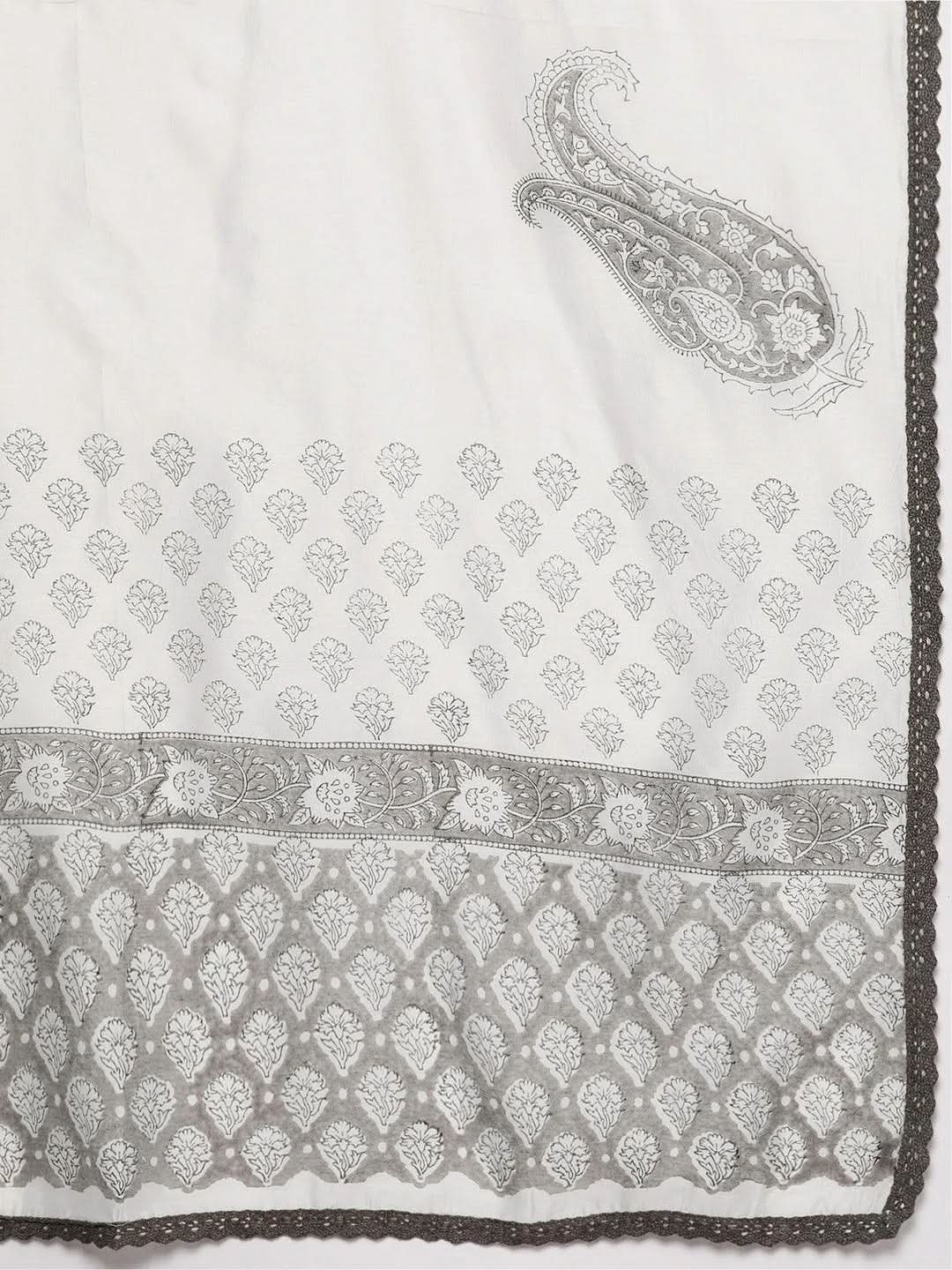 Off White Printed Chanderi Silk Straight Suit Set With Trousers - Libas 