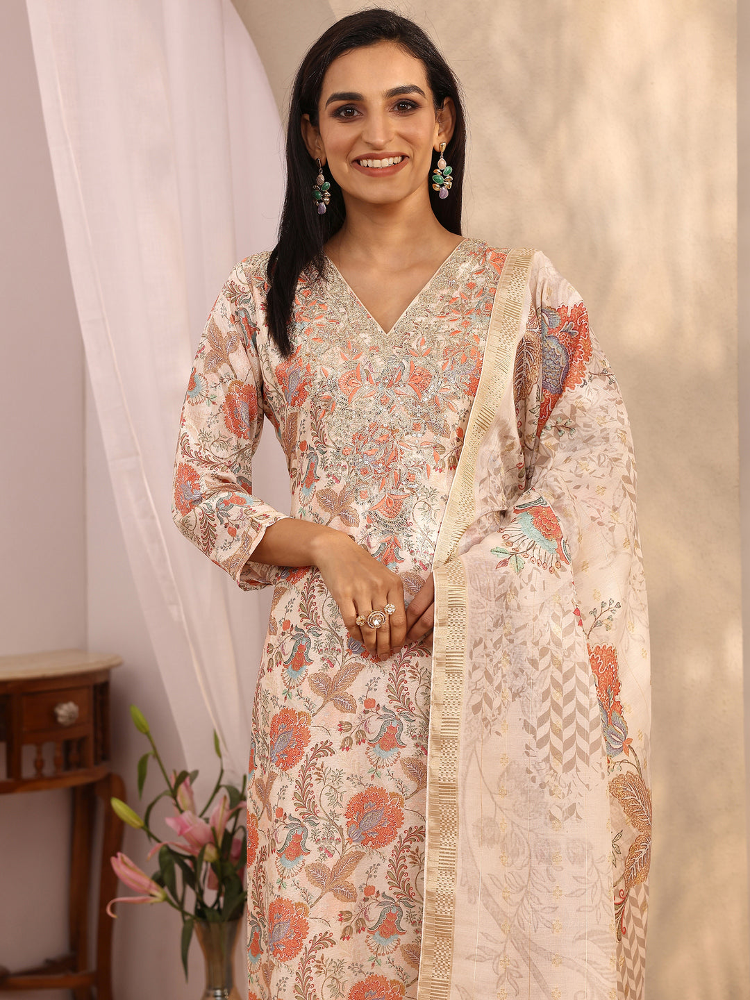 Off White Printed Chinon Straight Suit Set With Dupatta
