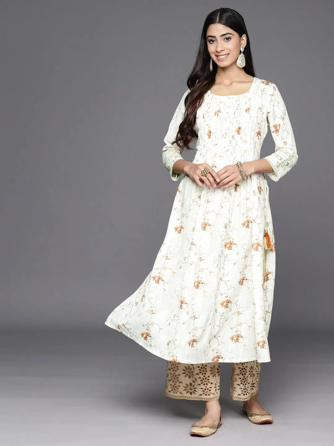 Off White Printed Cotton A-Line Kurta - Libas 