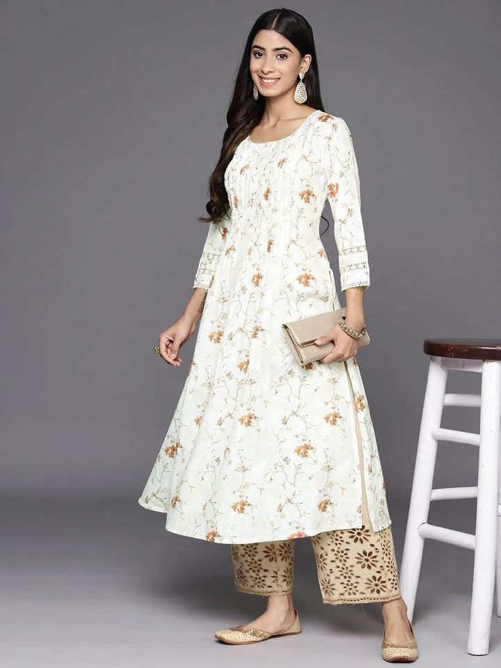 Off White Printed Cotton A-Line Kurta - Libas